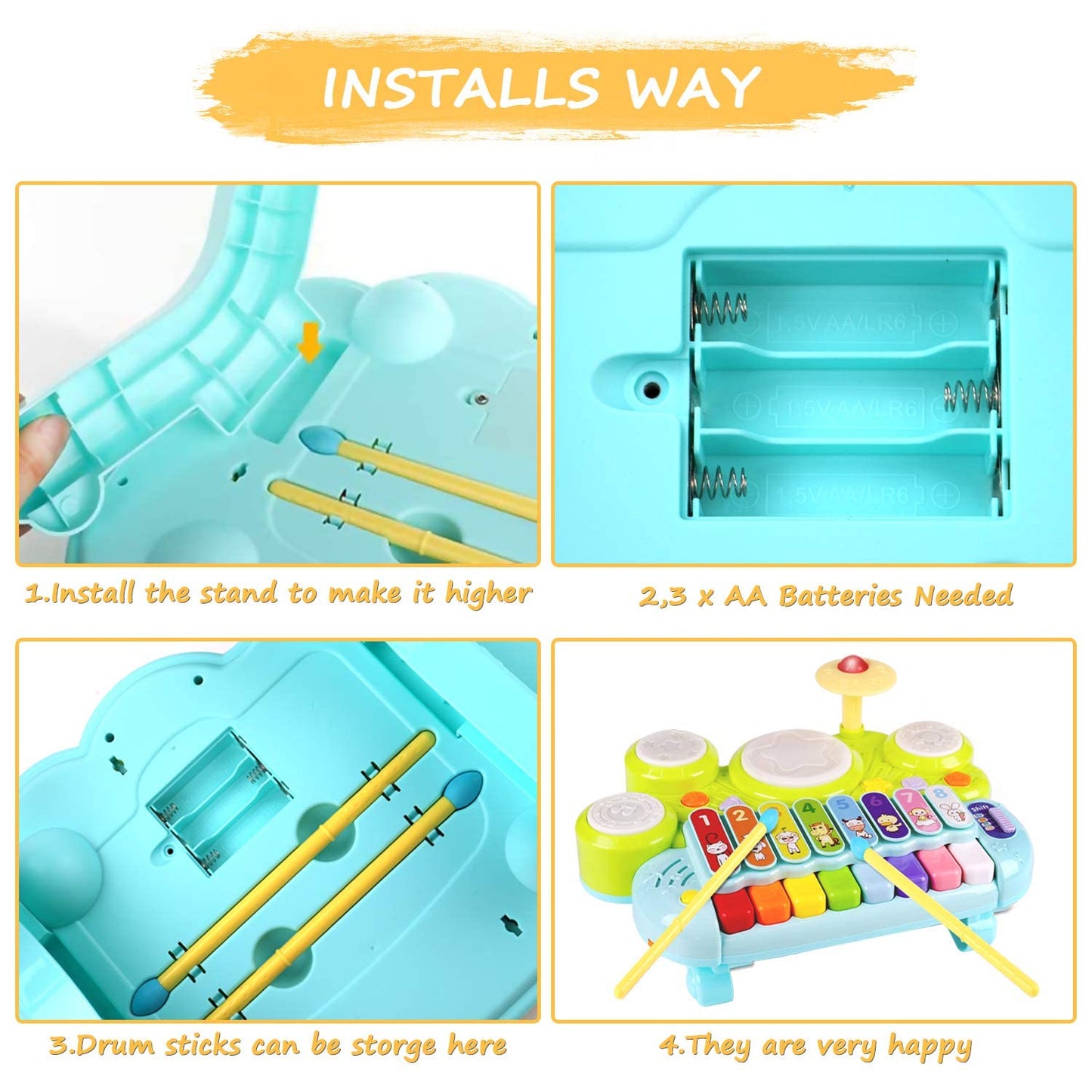 3 in 1 Piano Keyboard Xylophone Drum Set