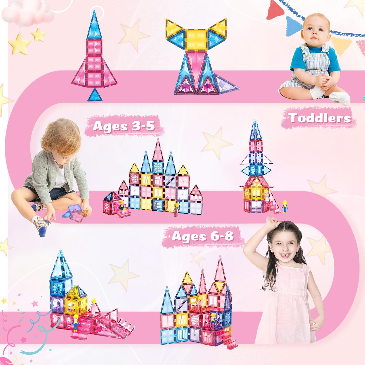 102PCS Ice Castle Magnetic Tiles, 3D Building Blocks STEM Educational Kids Toys for Pretend Play, 3 4 5 6 7 8 Year Old Birthday Gifts for Boys and Girls, Preschool Learning Toys for Birthday