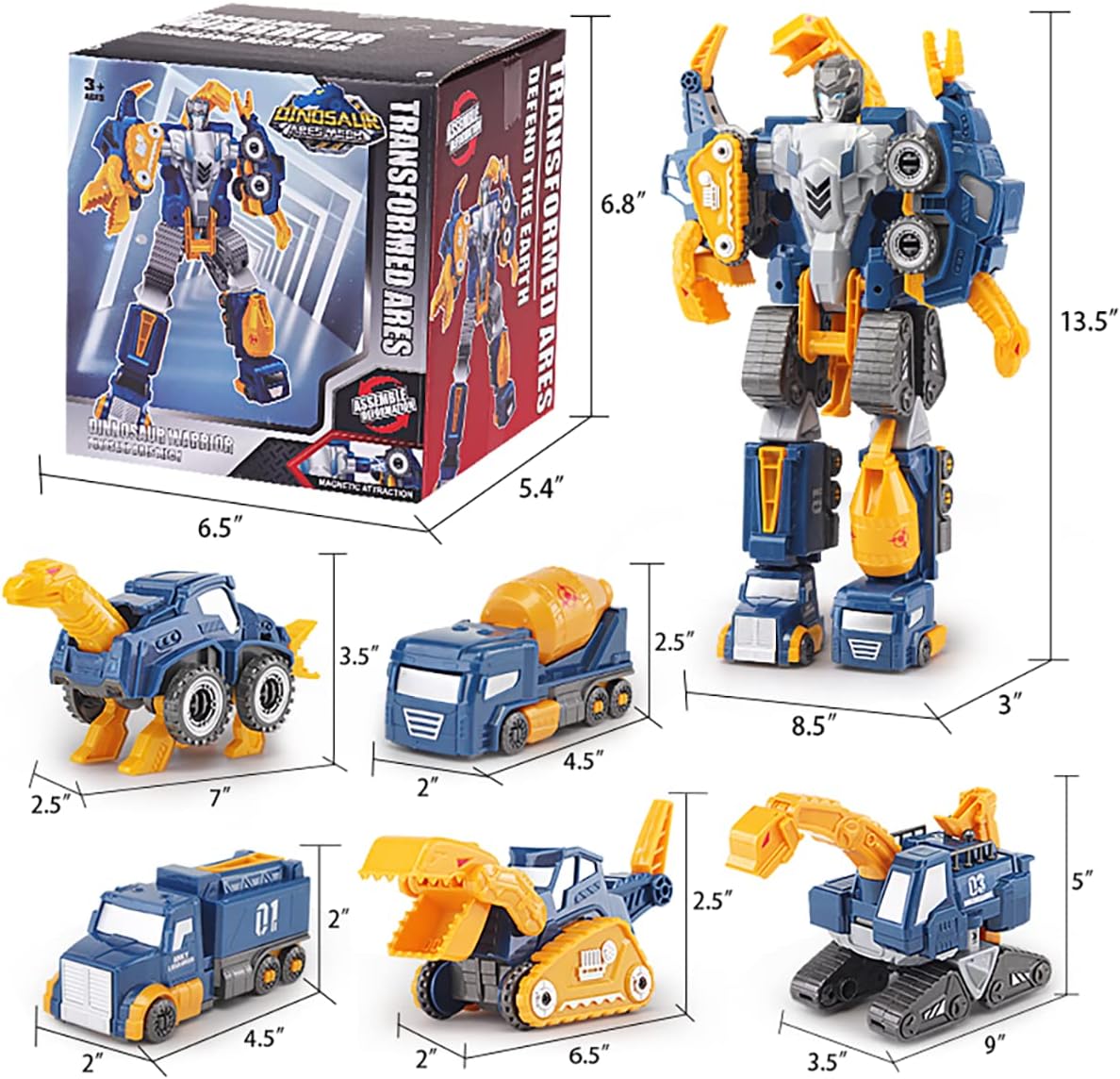 Construction Trucks Toy Dinosaur Vehicles Magnetic Set, 5-in-1 Educational STEM Building Car Kit, Transform to Big Robot, Holiday Birthday Present for Toddler Kid 3 4 5 6 7 Year Old Boys Girls