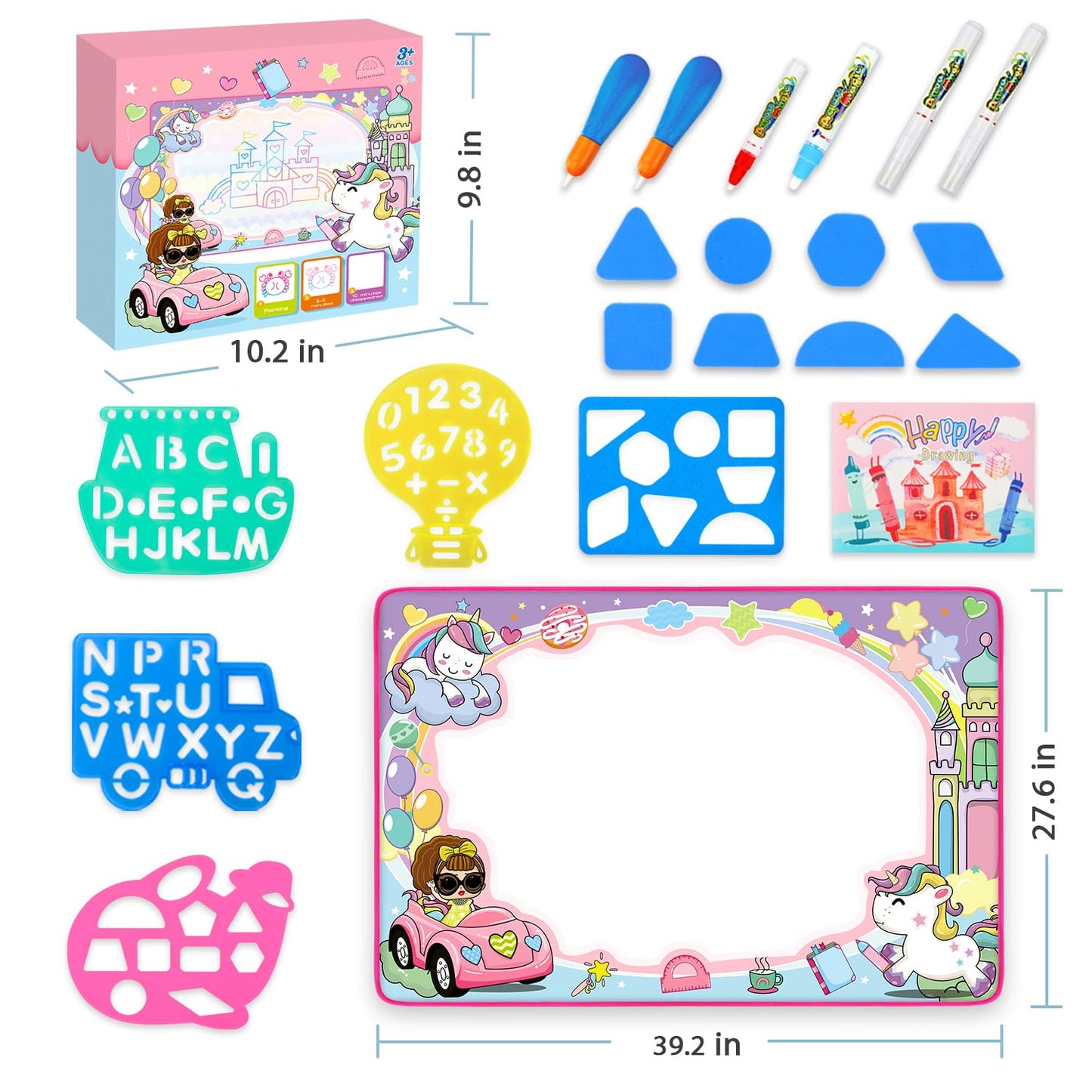 Water Doodle Mat - Kids Painting Writing Color Doodle Drawing Mat Toy Bring Magic Pens Educational Toys for Age 2 3 4 5 6 7 Year Old Girls Boys Age Toddler Gift