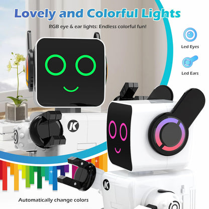 Rechargeable RC Robot Toy for Kids - Interactive Intelligent LED Light, Speaks, Dances, Built-in Coin Bank (White)