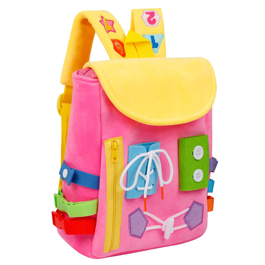 Busy Board - Toddler Backpack with Buckles and Learning Activity Toys - Develop Fine Motor Skills and Basic Life Skills - Learn to Tie Shoes - Children's Travel Toy
