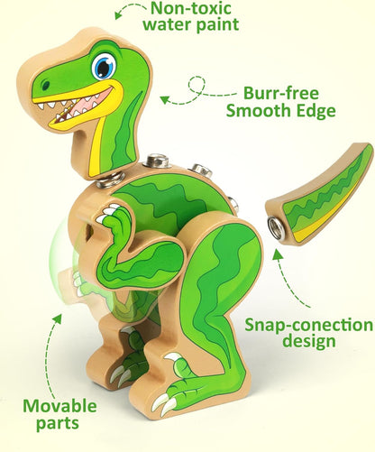 Coogam Build Your Own Dinosaurs Toy, Snap Together Building Dinosaurs Playset, Wooden STEM Take Apart Dinosaur Builder, Montessoi Fine Motor Building Toy Gift for 3 4 5 Years Old Kids