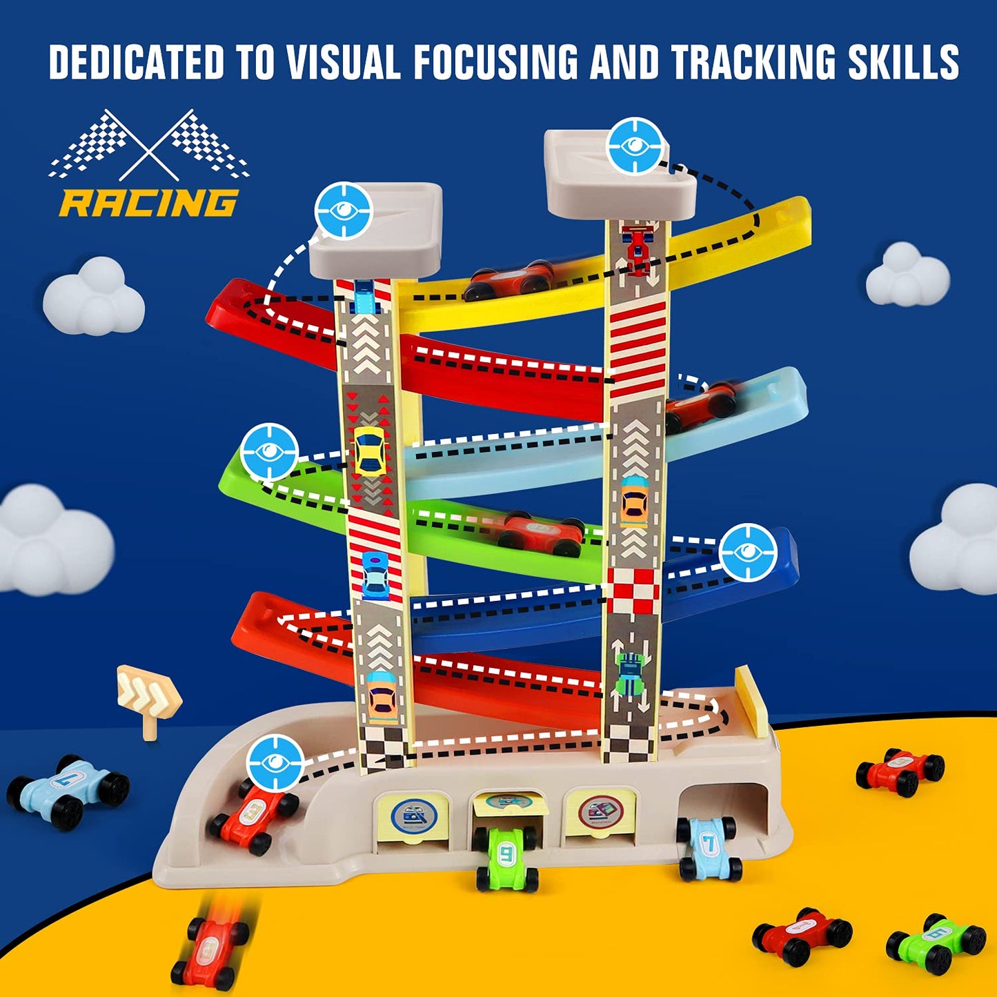 Car Ramp Toys with 6 Cars & Race Tracks