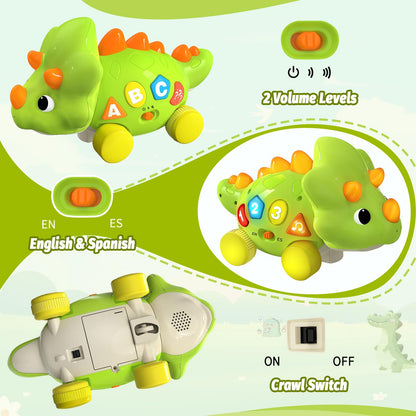Baby Toys for 1 Year Old Boy Girl - Bilingual Musical Dinosaur Toy, Touch & Go Musical Light Crawling Educational Learning Toys for Toddlers 1-3, Christmas Birthday Gifts