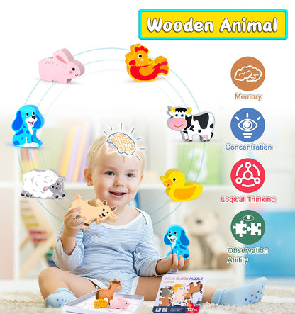 Wooden Animal Puzzles Toys for Toddlers,24 Pcs Farm and Safari Animal Figures,Animal Matching Sorting Stacking Toys for Boys Child Girls,Educational Learning Toys Gift for Kids