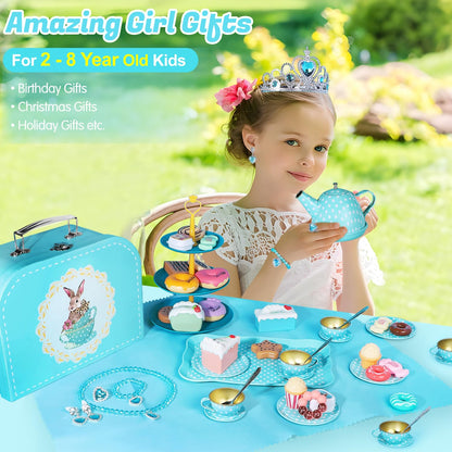 Tea Party Set for Little Girls, 49PCS Princess Tea Time Toys Including Tea Set Dessert Carrying Case, Kids Kitchen Pretend Playset, Tea Set for Girls Birthday Toddler Age 3-8, Pink