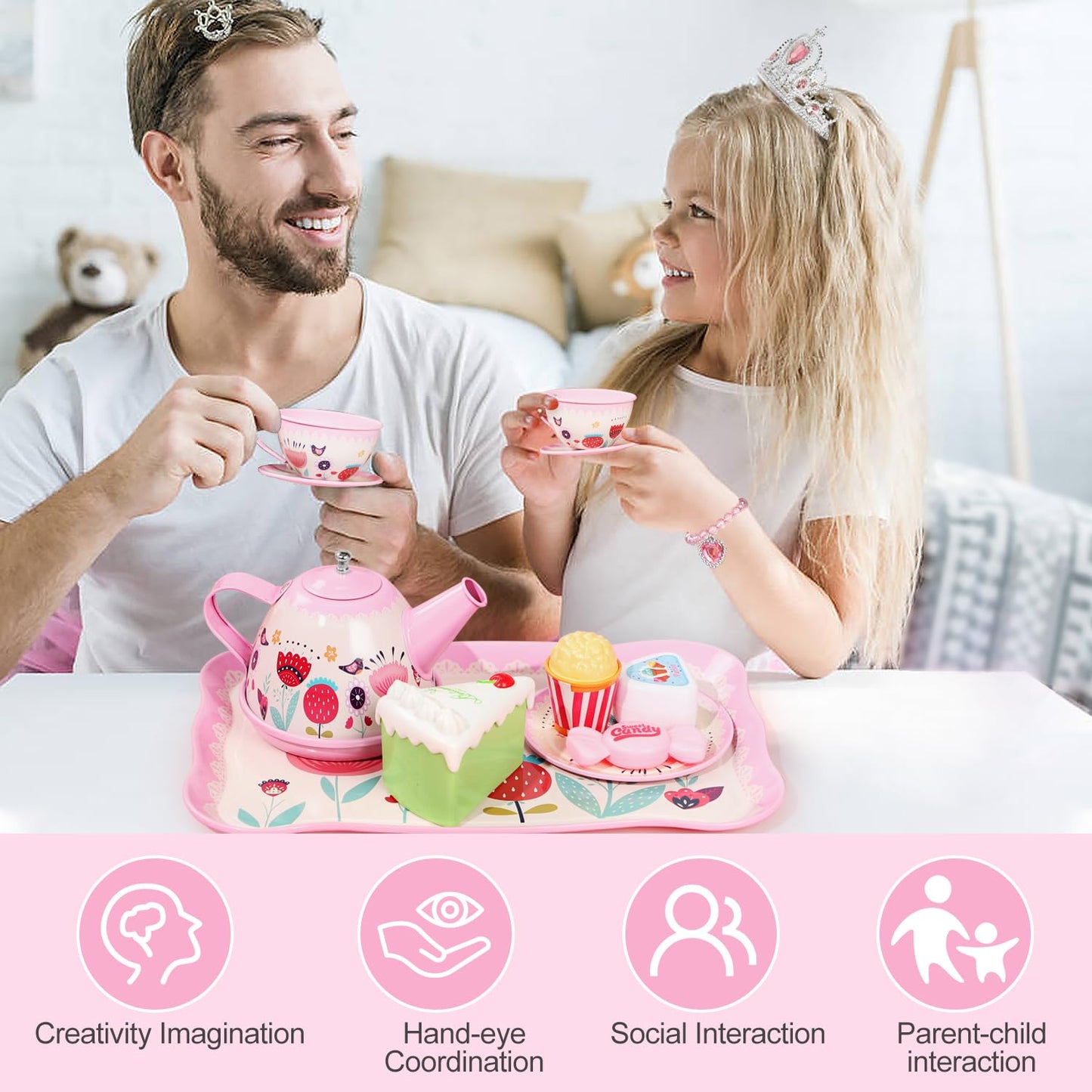 Tea Party Set for Little Girls, 49PCS Princess Tea Time Toys Including Tea Set Dessert Carrying Case, Kids Kitchen Pretend Playset, Tea Set for Girls Birthday Toddler Age 3-8, Pink