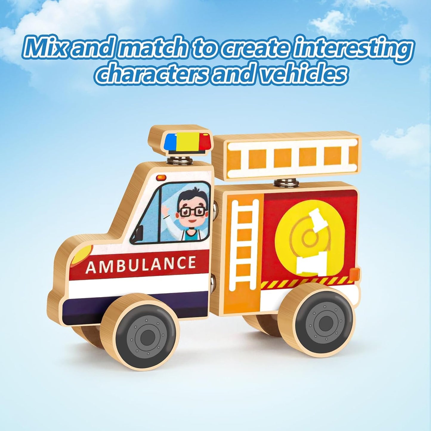 Wooden Emergency Vehicles Snap & Take-Apart STEM Toys for Kids Ages 3-6 | 41Pcs Building Blocks with Firetruck, Police Car & Ambulance | Montessori Fine Motor Skills Gift for Toddlers Boys Girls