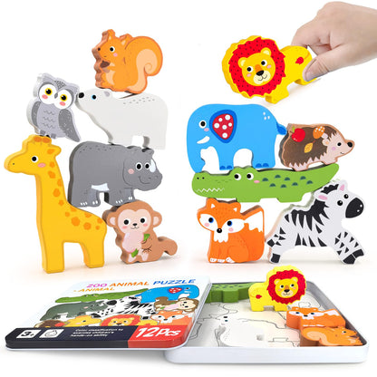 Wooden Animal Puzzles Toys for Toddlers,24 Pcs Farm and Safari Animal Figures,Animal Matching Sorting Stacking Toys for Boys Child Girls,Educational Learning Toys Gift for Kids