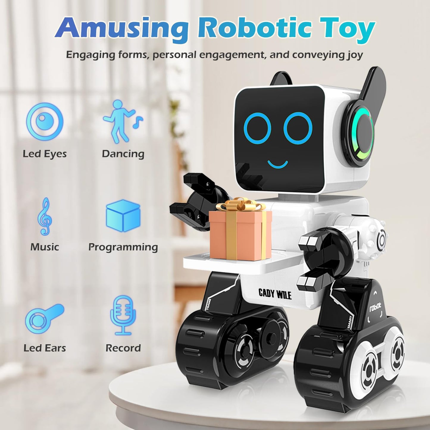 Rechargeable RC Robot Toy for Kids - Interactive Intelligent LED Light, Speaks, Dances, Built-in Coin Bank (White)