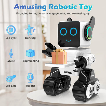Rechargeable RC Robot Toy for Kids - Interactive Intelligent LED Light, Speaks, Dances, Built-in Coin Bank (White)