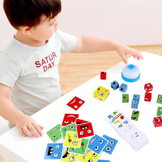 Wooden Face Changing Magic Cube Game | 64 Cards, 16 Blocks, 1 Bell