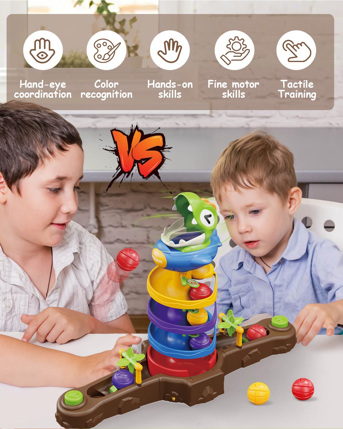 Dinosaur Ball Drop Toys for 3 4 5 6 7 8 9 Years Old Kids, Dino Spin Twister Toddlers Toy, Shoot Balls Toddler Montessori Toys Gifts for 3-6 Year Old Boys Girls, 2 Players PK Mode