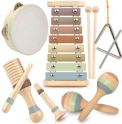 Stoie's Wooden Kids Musical Instruments for 3-9 Years Old, with Drum, Hand Bells, Flute, Maracas, Castanet, Tamburine, for Babies and Toddlers, Durable, Safe, Montessori Educational Toy, Storage Bag