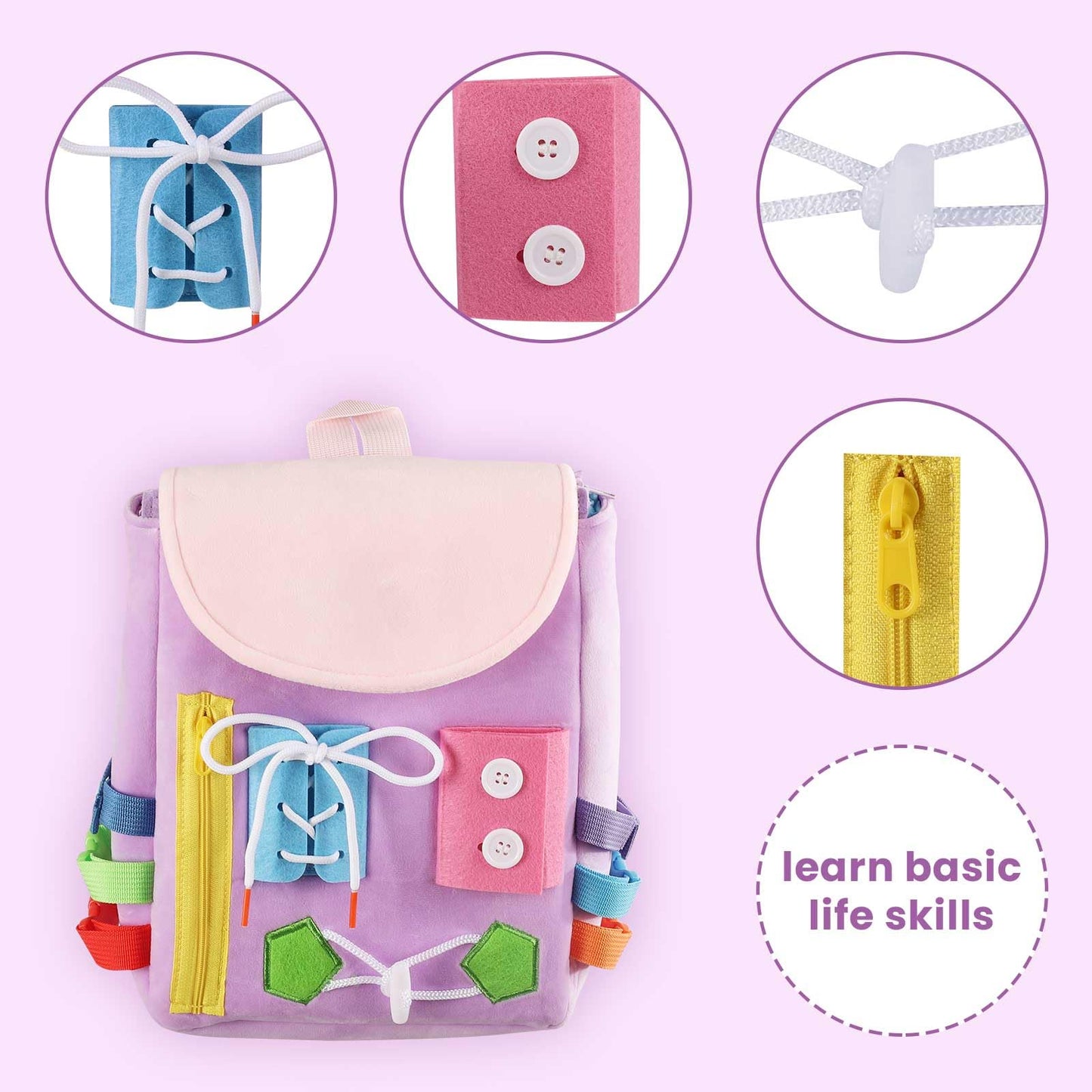 Busy Board - Toddler Backpack with Buckles and Learning Activity Toys - Develop Fine Motor Skills and Basic Life Skills - Learn to Tie Shoes - Children's Travel Toy