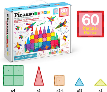 PicassoTiles 60 Piece Set 60pcs Magnet Building Tiles Clear Magnetic 3D Blocks Construction Playboards - Creativity beyond Imagination, Inspirational, Recreational, Educational, Conventional