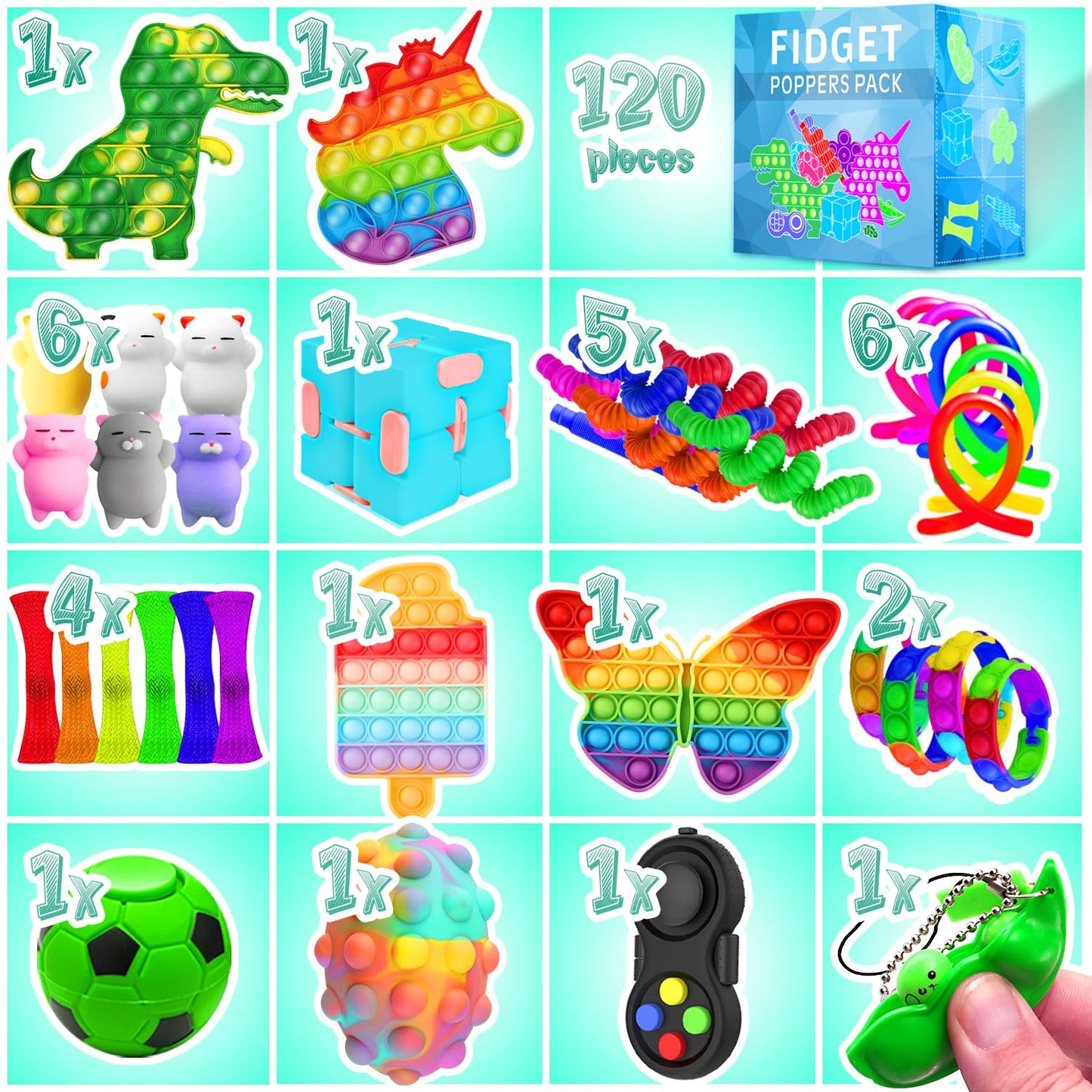 Fidget Toys, 120 Pack Fidgets Set Stocking Stuffers for Kids Party Favors Autism Sensory Toy Bulk Adults Kids Boys Girls Teens Stress Autistic ADHD Anxiety Carnival Treasure Classroom Prizes