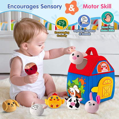 Baby Toys 6-12 Months, Barn with Stuffed Farm Animals, Montessori Toy for Babies, Sensory Toys for Toddlers 1-3, Portable Baby Farmhouse Toy, Birthday Gift for Infants & Toddlers