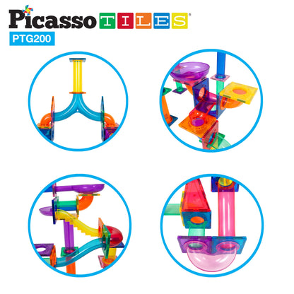 PicassoTiles 108pc 3-in-1 Marble Run Car Race Track Combo Magnetic Tiles PicassoToys Magnet Building Block Educational Construction Toy Playset STEM STEAM Learning Kit Child Brain Development PTG108