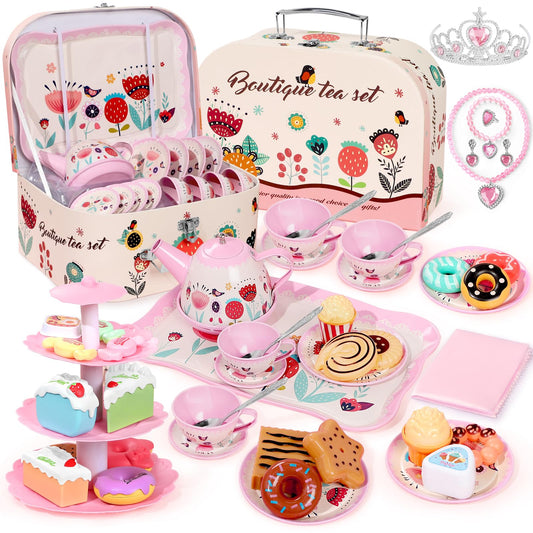 Tea Party Set for Little Girls, 49PCS Princess Tea Time Toys Including Tea Set Dessert Carrying Case, Kids Kitchen Pretend Playset, Tea Set for Girls Birthday Toddler Age 3-8, Pink