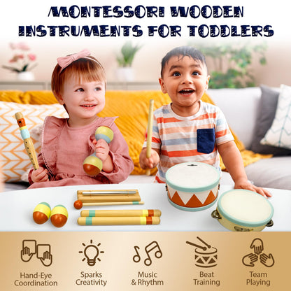 MINIARTIS Toddler Musical Instruments - Montessori Wooden Musical Toys for Toddlers 1-3 | Modern Boho Baby Drum Set with Neutral Colors Percussion Instruments | Kids Preschool Educational 3+