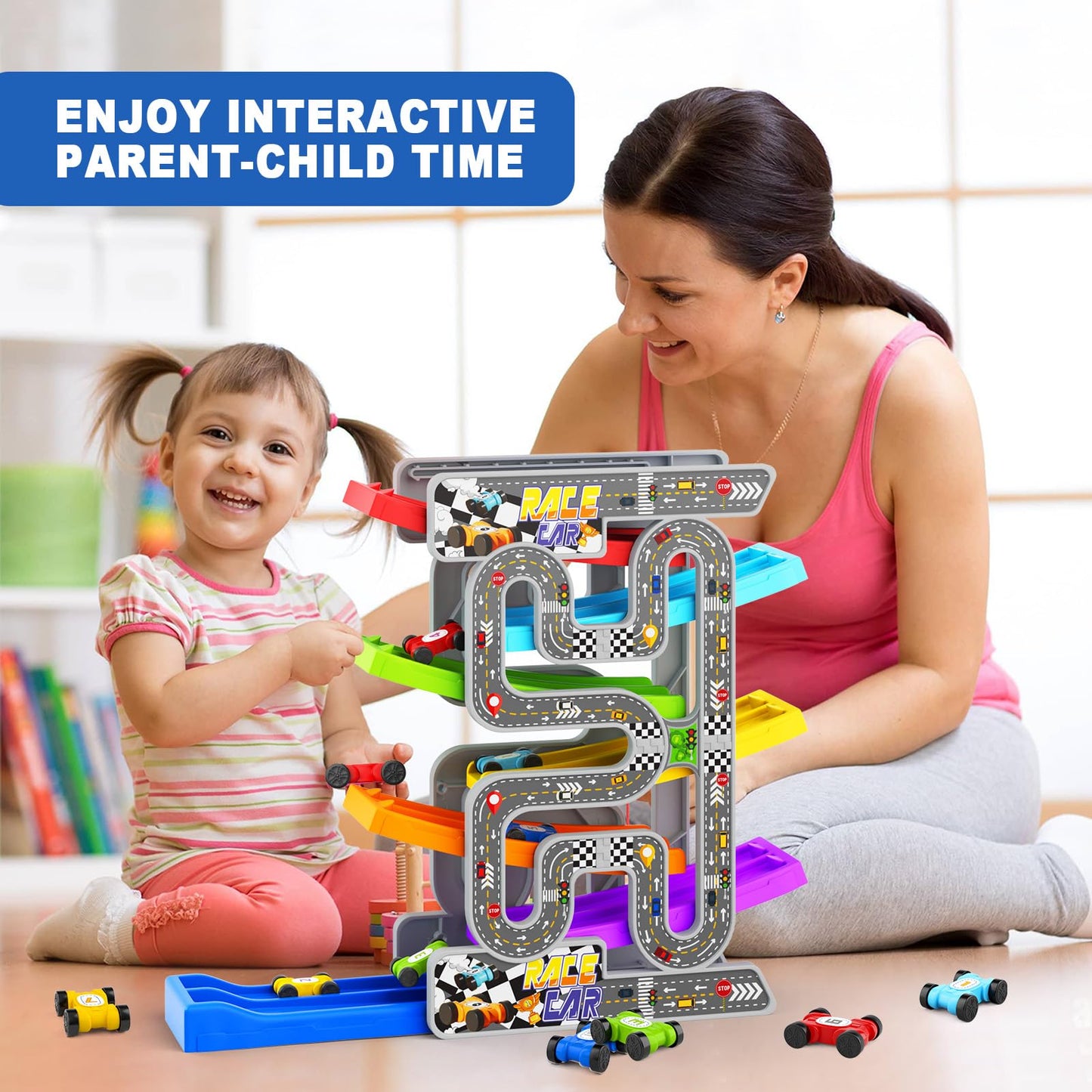 Car Ramp Toys with 6 Cars & Race Tracks