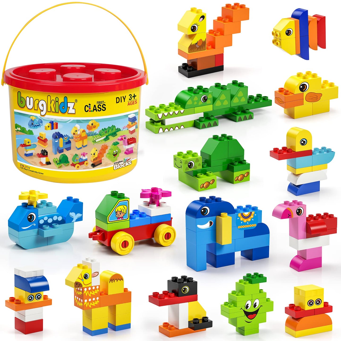 burgkidz Educational Toy Classic Big Size Bricks Building Blocks, Large Compatible Animal Building Bricks with Reusable Storage Bucket Gift for Boy Girl Ages 3+