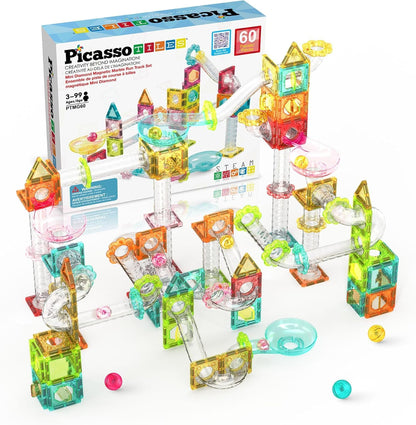 PicassoTiles 108pc 3-in-1 Marble Run Car Race Track Combo Magnetic Tiles PicassoToys Magnet Building Block Educational Construction Toy Playset STEM STEAM Learning Kit Child Brain Development PTG108