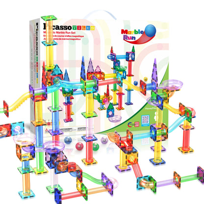 PicassoTiles 108pc 3-in-1 Marble Run Car Race Track Combo Magnetic Tiles PicassoToys Magnet Building Block Educational Construction Toy Playset STEM STEAM Learning Kit Child Brain Development PTG108