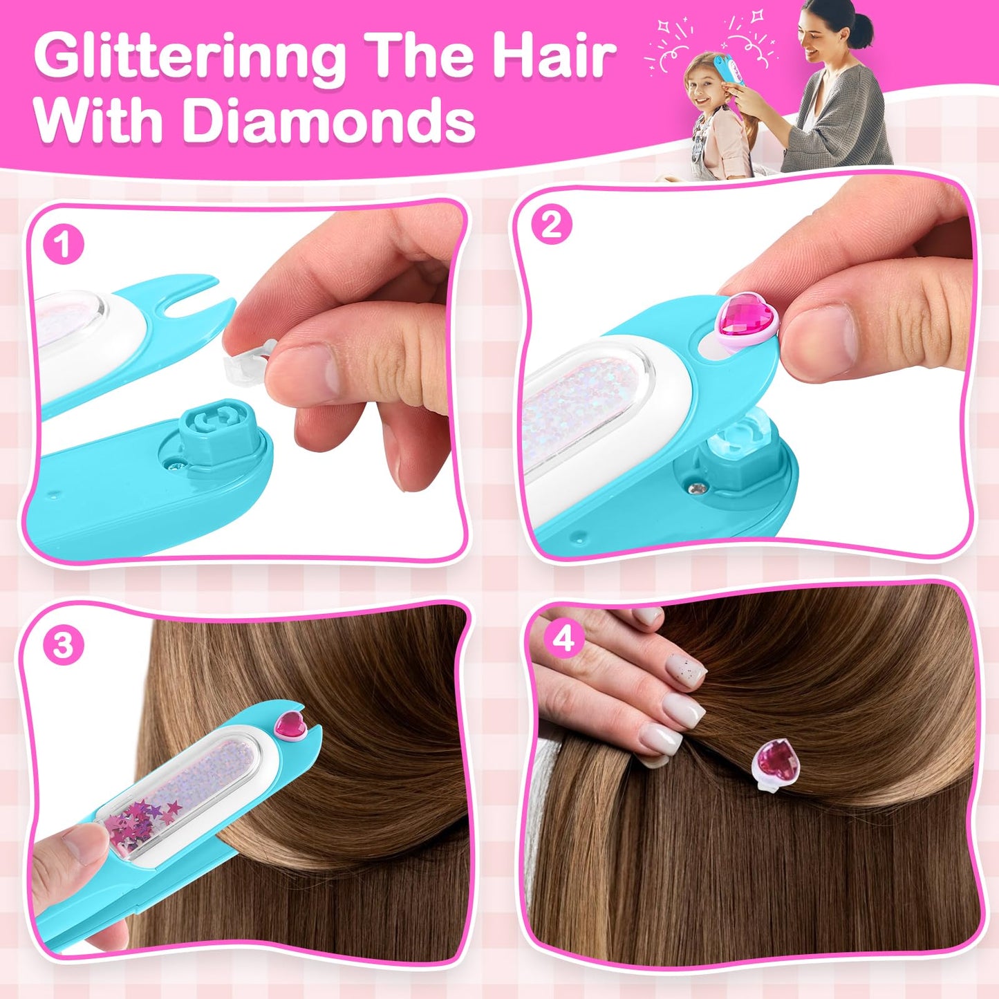 Hair Gem Stamper Kit, Bling Hair Jewels for Girls Toys, Hair Styling Tool with Reusable Shining Diamonds, Birthday Gifts Toys for Girls