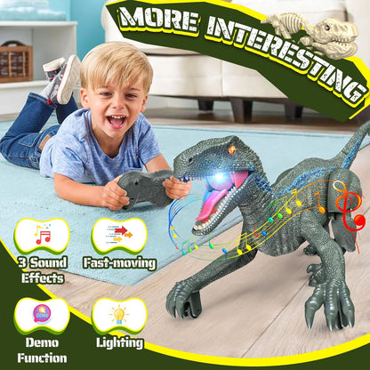 Remote Control Dinosaur, Realistic Dinosaur Toys for Kids 3-5, 2.4GHZ, Walking,Rechargeable, 3D Eyes, 3 Sound Effects, Demo Function, Jurassic Toys for Christmas, Kids 3+