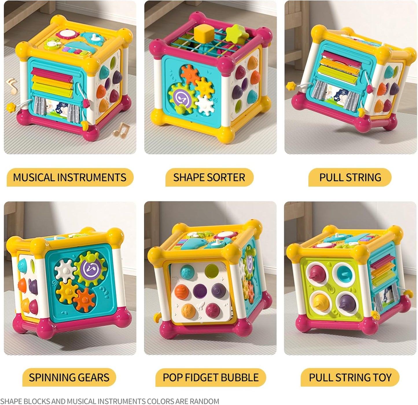 Baby Activity Cube, 6-in-1 Montessori Toys for 1-2 Year Old Boys and Girls, Multi Sensory Shape Blocks, Travel Music Toys for Toddlers 1-3