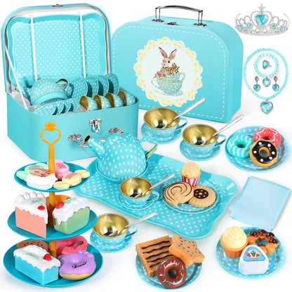 Tea Party Set for Little Girls, 49PCS Princess Tea Time Toys Including Tea Set Dessert Carrying Case, Kids Kitchen Pretend Playset, Tea Set for Girls Birthday Toddler Age 3-8, Pink