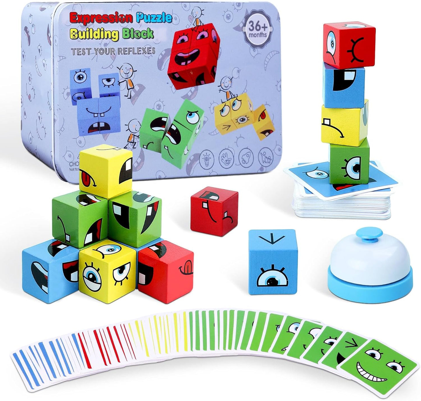 Wooden Face Changing Magic Cube Game | 64 Cards, 16 Blocks, 1 Bell