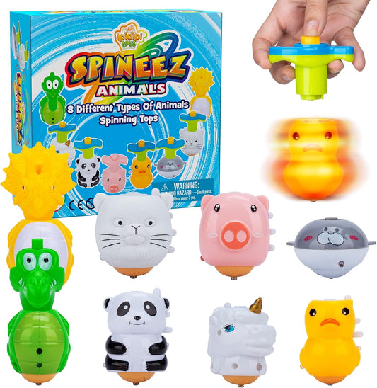 IPIDIPI TOYS Spineez Animal Light Up Spinning Tops – 8 Cute LED Spinners for Kids – Ideal Birthday Party Favors, Goodie Bag Stuffers, School Prizes, Classroom Rewards for Boys & Girls