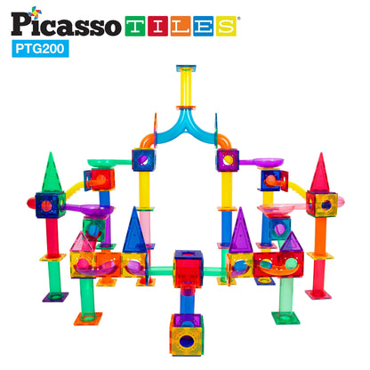 PicassoTiles 108pc 3-in-1 Marble Run Car Race Track Combo Magnetic Tiles PicassoToys Magnet Building Block Educational Construction Toy Playset STEM STEAM Learning Kit Child Brain Development PTG108