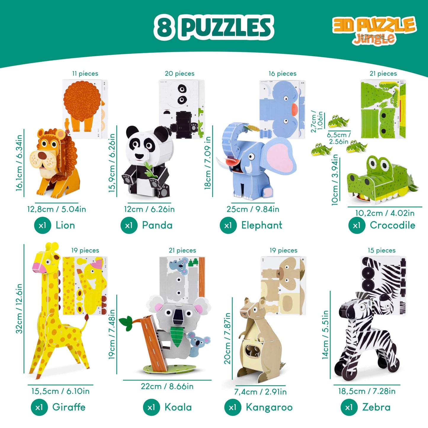 3D Puzzles for Kids Toys Jungle Animals Pack 8 - BONNYCO | 3D Puzzle Jigsaw 6-8 8-13, Educational Girl and Boy Toys, Gifts for Kids Activity, Birthday Gifts for Boys | Rompecabezas 3-D Foam, Christmas