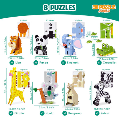 3D Puzzles for Kids Toys Jungle Animals Pack 8 - BONNYCO | 3D Puzzle Jigsaw 6-8 8-13, Educational Girl and Boy Toys, Gifts for Kids Activity, Birthday Gifts for Boys | Rompecabezas 3-D Foam, Christmas