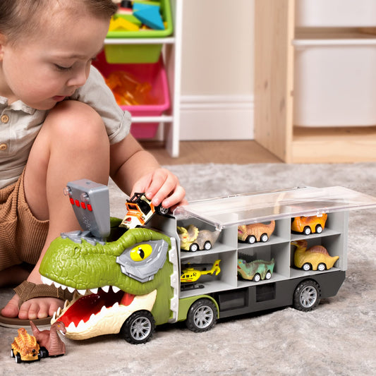 Dinosaur Truck with 12 Pull Back Cars Toys Set