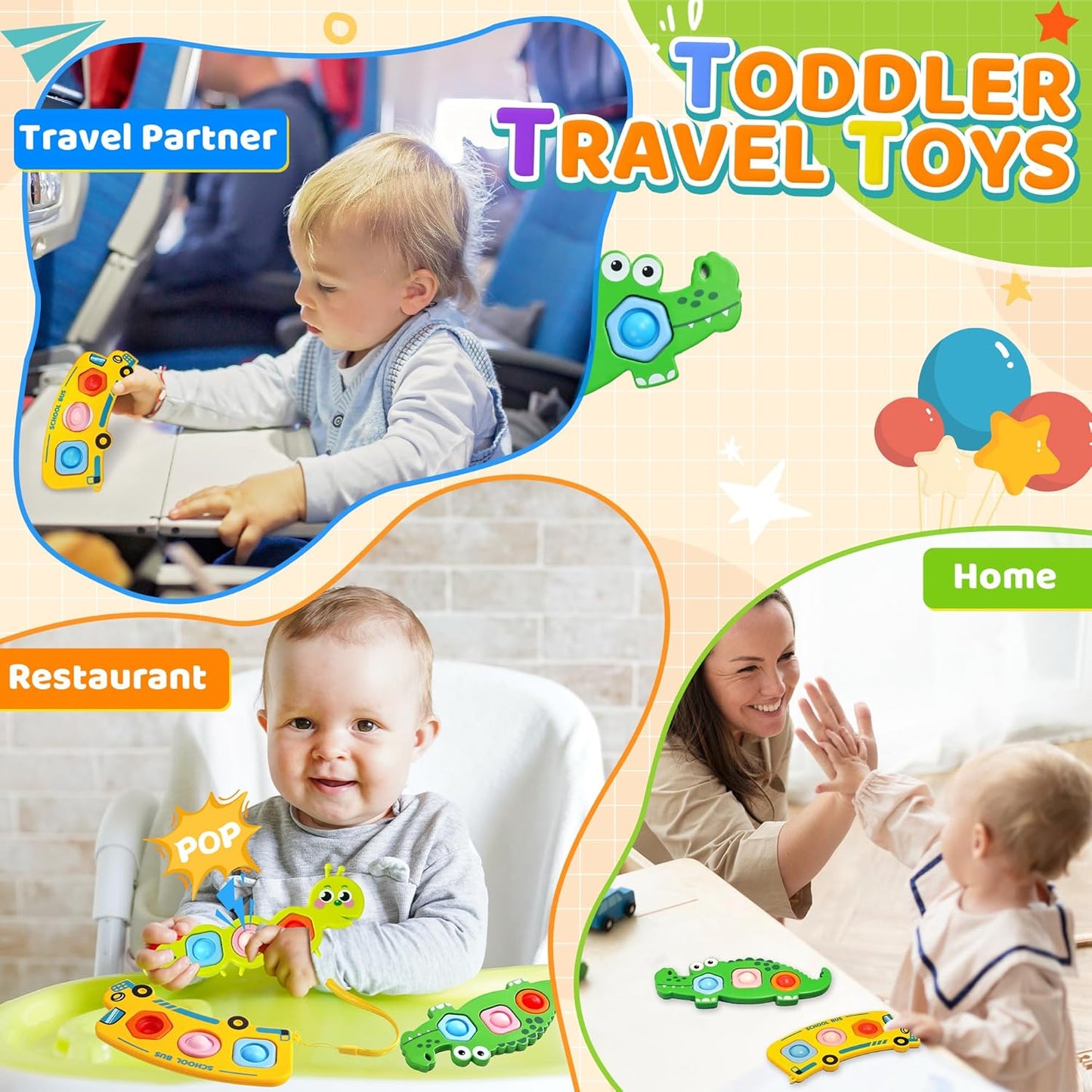 3PC Fidget Popper Sensory Baby Toys for Airplane Travel Essential Activities, Pop it Fidget Toys for Toddler Animal Montessori Toy Autism Autistic Gifts for 12+ Month Babies Toddlers 1 2 3 Year Old