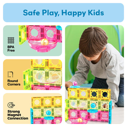 PicassoTiles 108pc 3-in-1 Marble Run Car Race Track Combo Magnetic Tiles PicassoToys Magnet Building Block Educational Construction Toy Playset STEM STEAM Learning Kit Child Brain Development PTG108