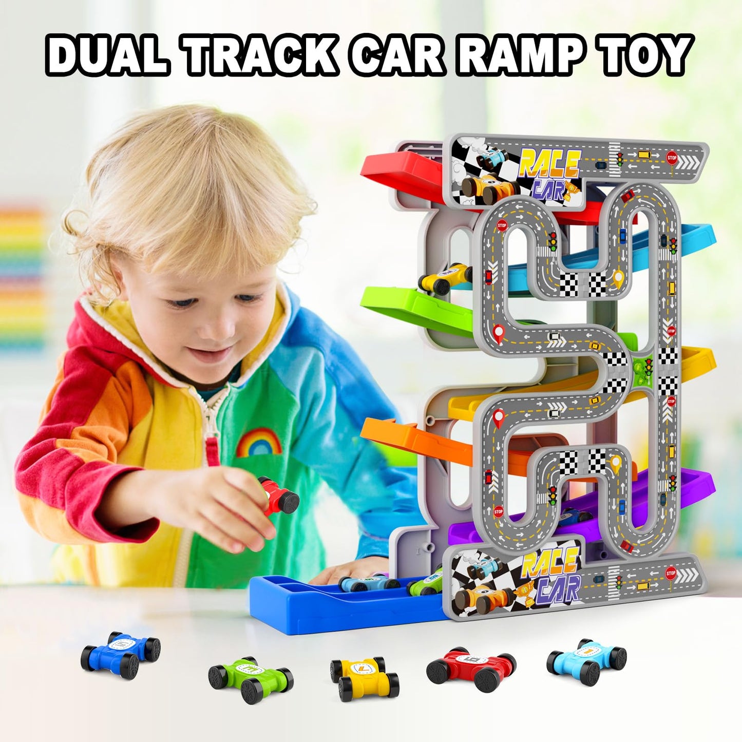 Car Ramp Toys with 6 Cars & Race Tracks