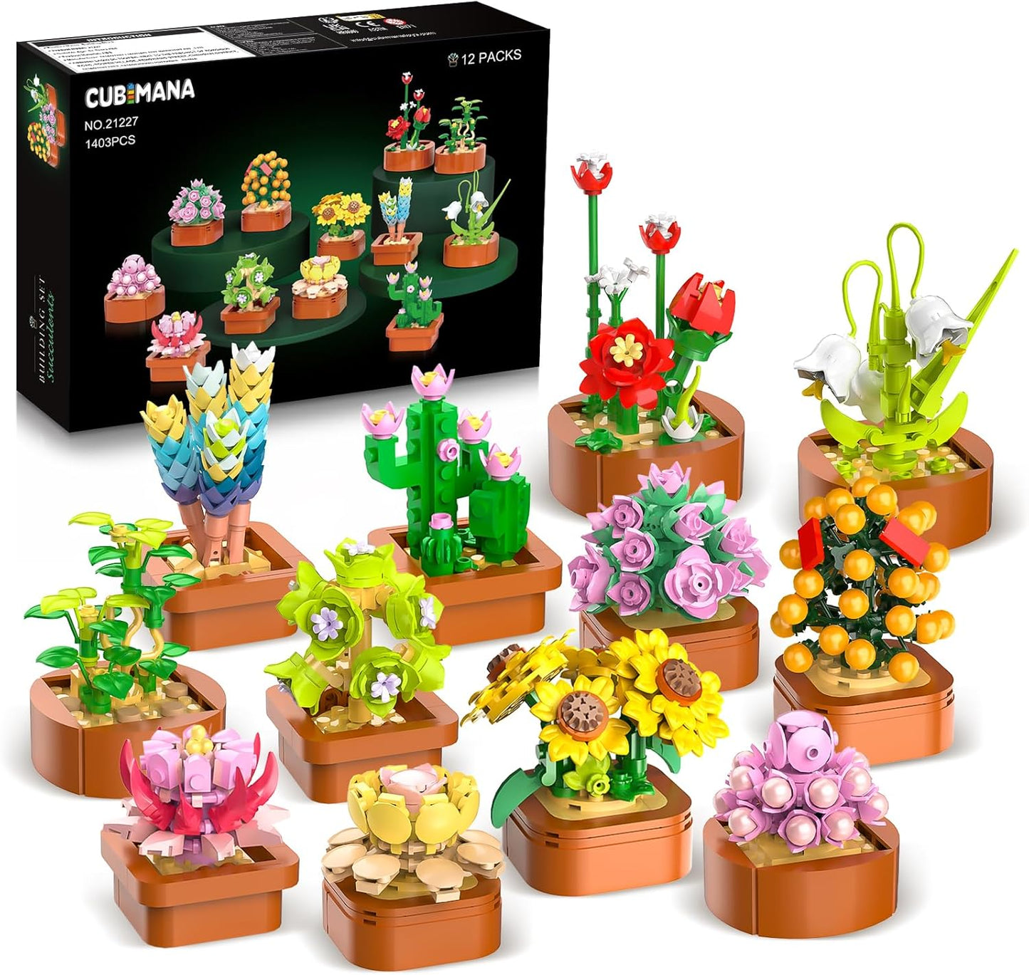 12 Pack Flowers Succulents 3.6MM Mini Building Set