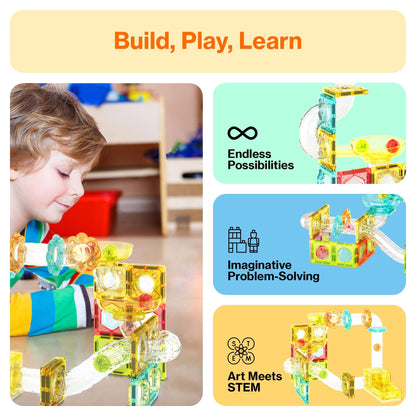 PicassoTiles 108pc 3-in-1 Marble Run Car Race Track Combo Magnetic Tiles PicassoToys Magnet Building Block Educational Construction Toy Playset STEM STEAM Learning Kit Child Brain Development PTG108