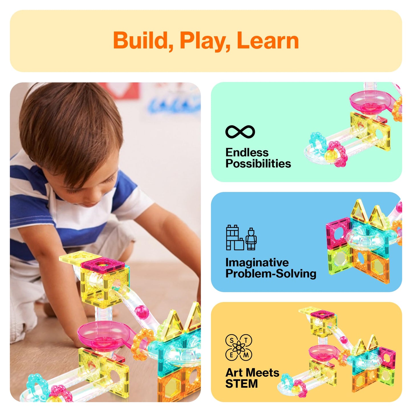 PicassoTiles 108pc 3-in-1 Marble Run Car Race Track Combo Magnetic Tiles PicassoToys Magnet Building Block Educational Construction Toy Playset STEM STEAM Learning Kit Child Brain Development PTG108