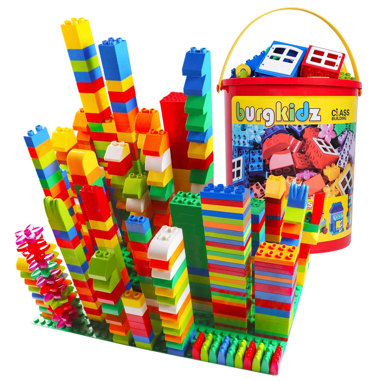 burgkidz Educational Toy Classic Big Size Bricks Building Blocks, Large Compatible Animal Building Bricks with Reusable Storage Bucket Gift for Boy Girl Ages 3+