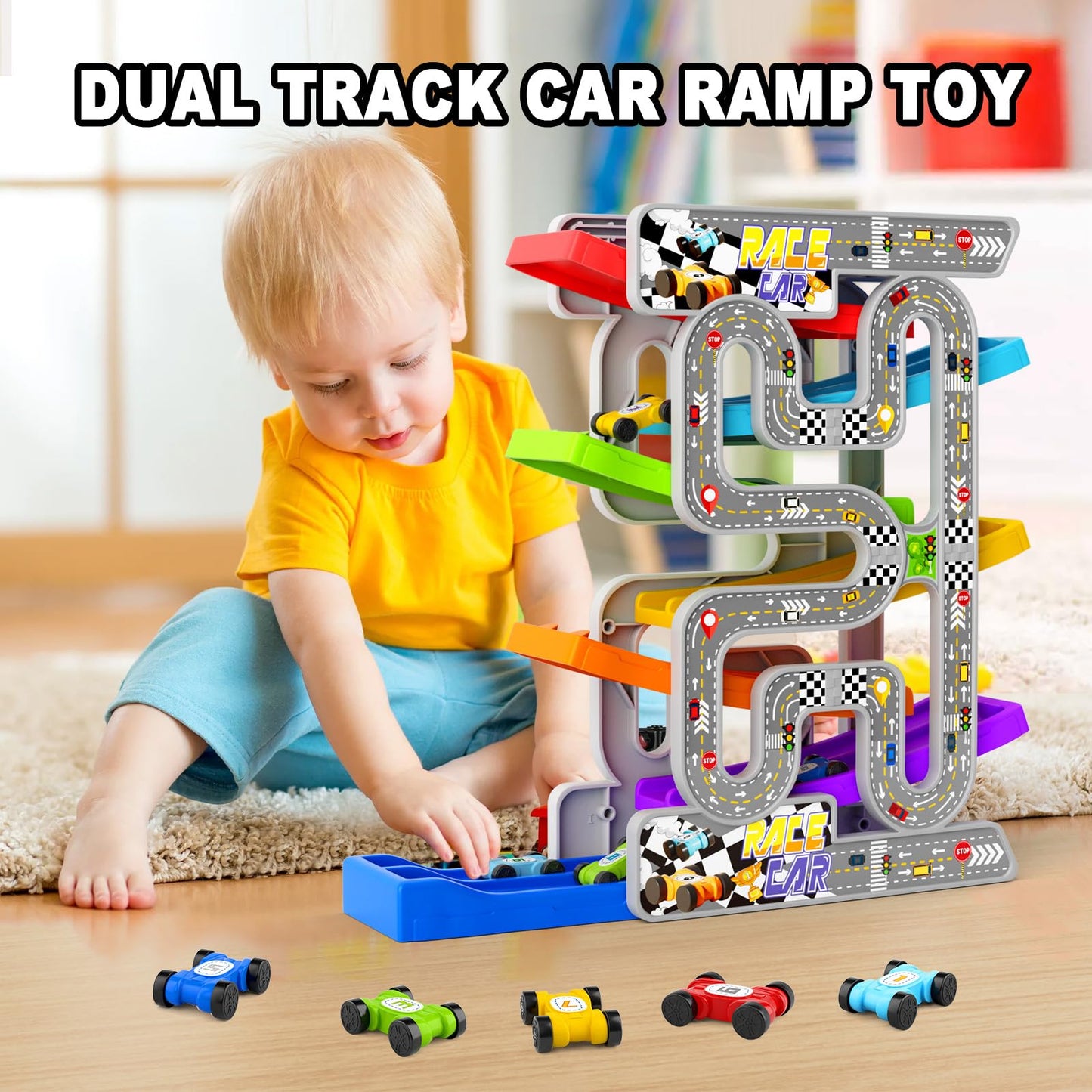 Car Ramp Toys with 6 Cars & Race Tracks
