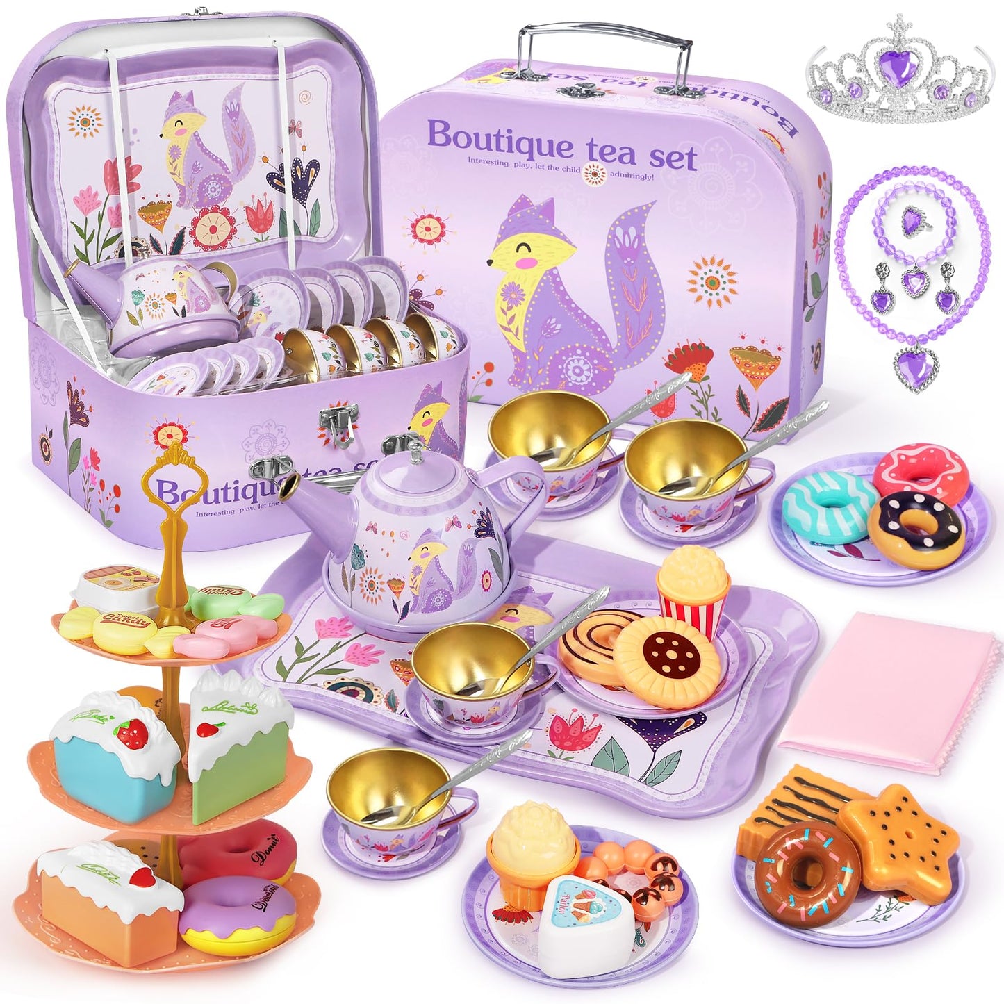 Tea Party Set for Little Girls, 49PCS Princess Tea Time Toys Including Tea Set Dessert Carrying Case, Kids Kitchen Pretend Playset, Tea Set for Girls Birthday Toddler Age 3-8, Pink