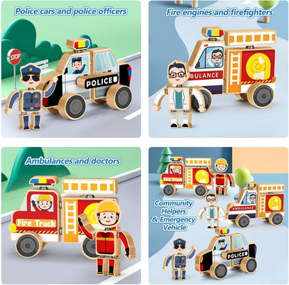 Wooden Emergency Vehicles Snap & Take-Apart STEM Toys for Kids Ages 3-6 | 41Pcs Building Blocks with Firetruck, Police Car & Ambulance | Montessori Fine Motor Skills Gift for Toddlers Boys Girls